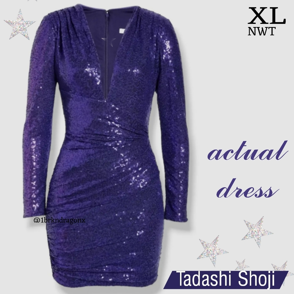 NWT Tadashi Shoji Royal Purple Cocktail Dress Midi Sequin Stretch Evening Party - Picture 2 of 14